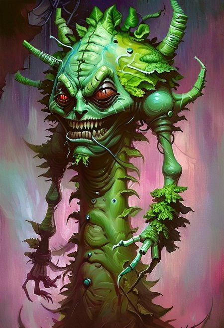 w4rh4mm3r style oil painting, grimdark, cybernetic , 
tall creepy lettuce man monster, lascivious smile
