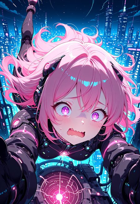 masterpiece, ultra detailed, ultra-detailed, 32K, very aesthetic, 2d, bodysuit, 1 female, solo, civchan, pink hair, purple eyes, neon glow, glowing lines, hi-tech, sci-fi, detailed background, night city, motion effect, dynamic pose, falling, panic, wavy mouth, open mouth, hands reaching out, in the style of cknc, zzcitronlegacy