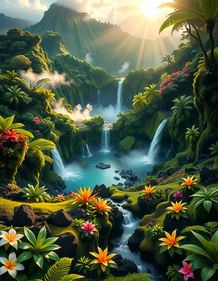 A breathtaking view of an ancient, dormant volcano now transformed into a lush, vibrant natural sanctuary. The crater is filled with dense tropical forests, colorful exotic flowers, cascading waterfalls, and mist swirling gently in the morning light. Vines and moss cover the dark volcanic rocks, and small streams wind down the slopes. while rays of sunlight pierce through the dense canopy, creating sparkling reflections on the water. The atmosphere feels peaceful, enchanted, and untouched by humans. The scene is depicted in an ultra-detailed, hyper-realistic style, with warm, soft lighting and rich, saturated colors that enhance the magical and serene mood of the landscape.
<lora:SDXLFaeTastic2400:0.4> <lora:extremely_detailed:0.4> extremely detailed, <lora:dormant_v0lc4n0:1>,dormant v0lc4n0, Masterpiece,best quality,hi res,8k,hi res,8k,award winning,(sharp focus, intricate, highly detailed),