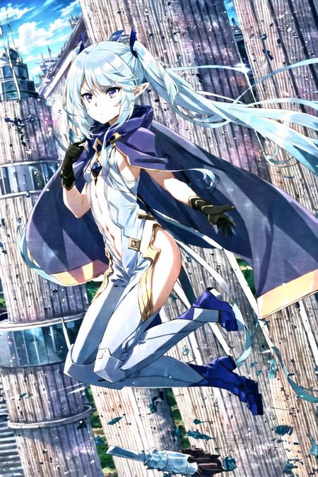 solo, 1girl, elf, very long hair, light blue hair, twintails, bangs, purple eyes, pointy ears, small breasts, (aqua bodysuit), blue cape, (aqua boots), (aqua gloves), (serious, frown, v-shaped eyebrows), looking away, (flying, floating) (city, buildings, blue sky, sunlight, outdoors), full body, <lora:negative-e12-15:-1.5>