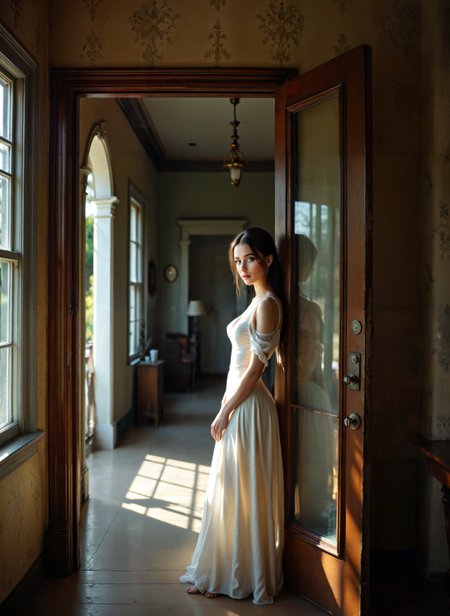 cinematic film still a young woman standing in an open doorway of a room. She is wearing a long white dress with a high neckline and long sleeves. Her hair is styled in loose waves, and she is looking off to the side with a serious expression on her face. The room has a high ceiling with a chandelier hanging from it and large windows on the left side of the image. The walls are painted in a light color and the floor is made of wood. The overall atmosphere of the room is elegant and romantic. <lora:add-detail-xl:.5>  <lora:Flux-style-xl-lora:.5>