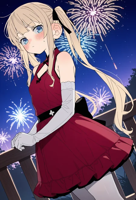 masterpiece,best quality,amazing quality,
1girl, fireworks, solo, gloves, elbow gloves, dress, blue eyes, blonde hair, long hair, red dress, white gloves, sawamura spencer eriri, night, white pantyhose, bow, blush, twintails, bangs, outdoors, black bow, looking at viewer, pantyhose, closed mouth, breasts, sky, aerial fireworks, sleeveless, dutch angle, hair bow, sleeveless dress, night sky, railing, sidelocks, standing, very long hair, red bow,
 <lora:Dayama_epoch_8:1>