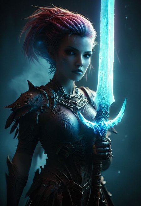 Action Scene, Closeup Portrait By KentarM Miura, realistic, photorealistic, volumetric lighting, bold lines, perfect lines, emphasis lines, vertical lines, floating in space, stars, Busty Woman, DARK Skull hkmagic QueenofBladeCos with colorful Neon White Mohawk Hair in rusty armor wielding large rusty Iron sword, outworn weathered Armor, Large spiked shoulder Armor, ghostly Large Blue translucent cape, sword Slash, a bold drawing image infront of a mystic colorful translucent abyss background, atmospheric haze, Film grain, cinematic film still, shallow depth of field, highly detailed, high budget, cinemascope, moody, epic, OverallDetail, 2000s vintage RAW photo, photorealistic, candid camera, color graded cinematic, eye catchlights, atmospheric lighting, imperfections, natural, shallow dof