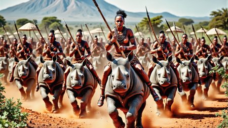 Real photograph of dozens of African warrior women,  black skin, Nubian, beautiful, breathtaking,  athletic, (small breasts:1.4),  earrings, necklace, wrist bands,  dangerous, fierce,  riding astride and leaning forward on angry ferocious rhinoceros,  charging into battle brandishing decorated spears and shields,  fierce painted faces, yelling out a war cry,  African Savannah dotted with umbrella trees,  mount Kilimanjaro in the background,  intricate details, masterpiece, elegant, complex patterns,  (full body shot from head to toe:1.6),  dramatic and dynamic lighting, sunny intense atmosphere <BaroqueColorful:0.72>