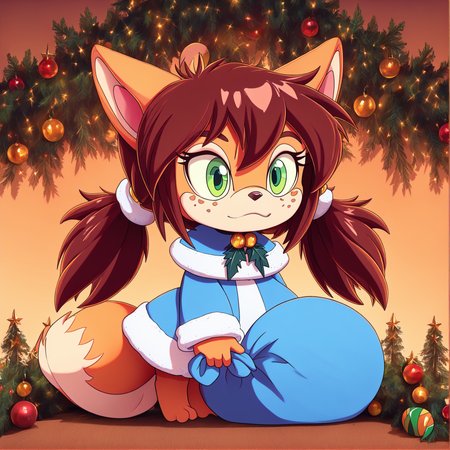 padoru <lora:padoru-IL-1.0:1>, masterpiece, perfect quality, best quality, anime coloring, Rocketgirl, 1girl, solo, animal ears, furry female, tail, brown hair, long hair, green eyes, bangs, freckles, brown fur, sidelocks, twintails, two-tone fur, christmas background <lora:Rocketgirl_v05:1>