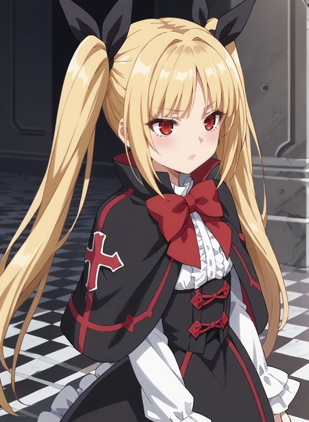 score_9, score_8_up, score_7_up, score_6_up, score_5_up, score_4_up, source_anime, anime screencap, masterpiece, insanely detailed, detailed background, zPDXL3, BREAK, RachelAlucardBB,1girl,solo,long hair,blonde hair,red eyes,red bow,ribbon,twintails,black hair ribbon,small breasts,frills,red bow,ghotic fashion,black capelet ,red cross pattern,black dress