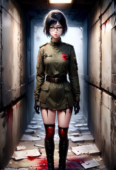 FFROA, full body, 1girl, tomie kawakami as a soldier, perfect face, black gloves, torn ss uniforms, black messy hair, glasses, blood on uniforms, black leather boots, standing in the bunker,