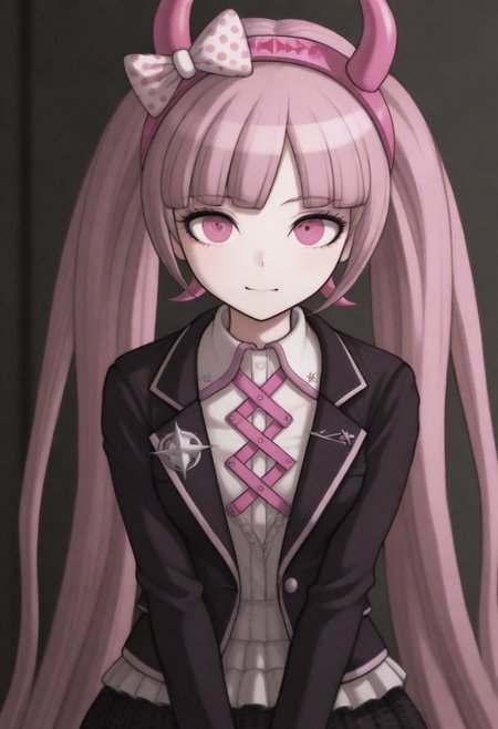 masterpiece, best quality, amazing quality, kotoko, pink hair, pink eyes, long hair, very long hair, twintails, blunt bangs, horned hairband, bow,