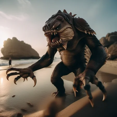 cinematic photo a full body portrait monster, claws, sharp teeth, on the beach  <lora:Rancor1024:0.8> . 35mm photograph, film, bokeh, professional, 4k, highly detailed
