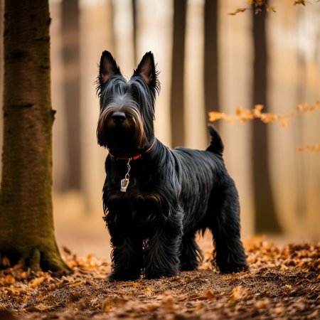 Scottish Terrier in Dry deciduous forest light atmosphere, Soft lighting