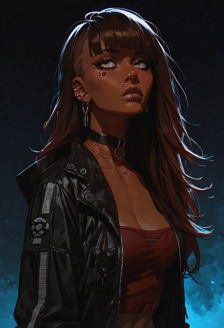 score_9, score_8_up, score_8_up, 1 Indian girl, dark-skinned girl, cyberpunk, brown hair, ((long hair)), ((bangs)), straight hair, piercings, choker, portrait, ((streetwear)), average tits, teardrop shaped tits, fit body, thin waists, beautiful, night neon lighting, negative_hand, g0thicPXL, GTA