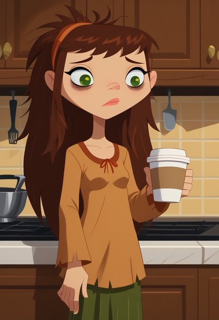 score_9, score_8_up, score_7_up, 1girl, solo,
 brown hair, green eyes, hair down, long hair, 
 perfect hands, show accurate, perfect anatomy, med body,
indoors, small perky breasts, kitchen, hand on hip, loose clothing, wear only nightgown, holding a cup of coffee in hand, sleepy eyes, bags under eyes, loose clothes,