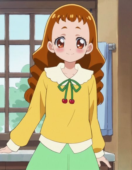 score_9, score_8_up, score_7_up, anime screencap, solo,1girl,arisugawahimari,green skirt, smile, looking at viewer,  shirt, long sleeves, yellow shirt, cowboy shot,small breasts, blush,<lora:arisugawahimari:0.8>