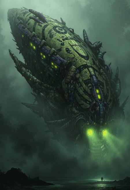 A digital painting in the style of ck-js, depicting a colossal, grotesque alien invader mothership with a biomechanical structure resembling fused chitin and corrupted flesh, drifting silently above a murky, methane-rich gas giant. Its surface is a disturbing texture of jagged, overlapping plates in dark, oily greens and deep purples, with pulsating sickly yellow-green bio-luminescent lights emanating from vents and orifices. Unsettlingly organic weapon systems seem grown into the hull. Focus on the immense scale of the lone, nightmarish vessel, its truly alien biology, and its deeply menacing presence.