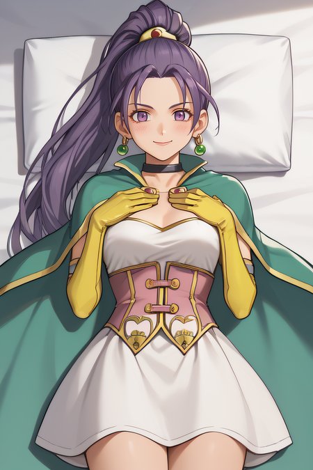 score_9, score_8_up, score_7_up, source_anime, rating_safe, intricate details, 1girl, solo, <lora:Serenica:1>, serenica, puple hair, high ponytail, purple eyes, black choker, jewlery, white dress, green cape, pink corset, yellow gloves, elbow gloves, thighs, looking at viewer, indoor, smile, cowboy shot, lying on bed, blush, closed mouth, bed sheet, hands on chest