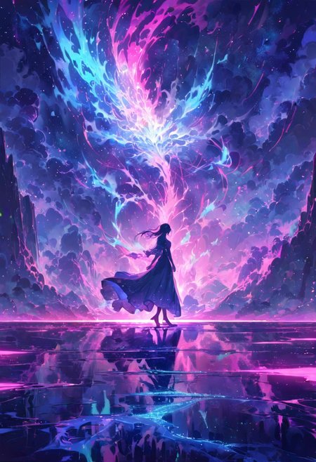 serene night, beautiful sky, dancing silhouette, Complex landscape, best quality, pastel colors, light blue tint, aesthetic Ethereal, Effulgent, Idyllic atmosphere,  Tranquil,  ethereal quality, cinematic volume, Twinkling lighting, glowing aura, global illumination,  glowneon, Anisotropic Filtering, Unrivaled Opus, Unconventional, hyper detailed, HDR,