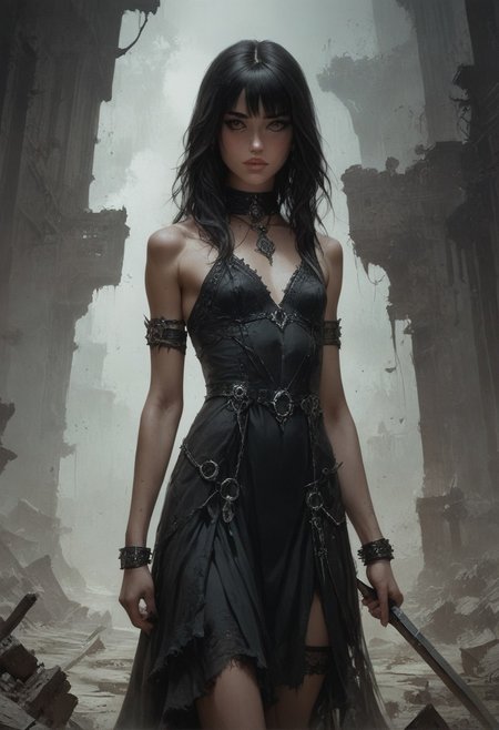 score_9, score_8_up, score_7_up, score_6_up, 1 woman, goth, 80s, age 18,  cute, petite, extremely detailed, high quality, realistic, beautiful brown eyes, Extra small breasts, black dress ,  thick open hair with bangs, dark theme, low light, from hip up, barren landscape with ruins, (masterpiece, best quality, highly detailed, realistic),  muted colors,