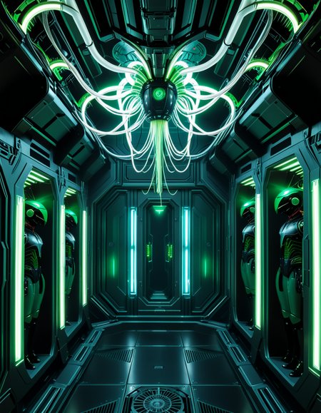 A dark, oppressive regeneration chamber deep within a Borg vessel â a biomechanical environment where drones return to recharge and interface with the collective. The chamber is dimly lit with pulsating green and white lights that flicker through dense shadows. The walls are lined with vertical alcoves, each containing a Borg drone standing motionless, plugged into the system via biomechanical tendrils, tubes, and neural interfaces embedded into their bodies.
The surfaces of the room are a fusion of metallic plating, organic texture, and cybernetic growths â as if the ship itself is alive, constantly shifting and adapting. Steam hisses softly from vents near the floor, and faint mechanical whirring echoes through the chamber. Fiber optic cables pulse with data transmissions, running across the ceiling like glowing veins. 
Above, a central neural conduit hangs like a mechanical spine from the ceiling, branching out and connecting to each alcove, feeding the collective hive mind with real-time information. The atmosphere is cold, sterile, and unnervingly silent â a place devoid of individuality, where only the will of the collective exists. There is no comfort here, only efficiency, order, and total control. 
<lora:SDXLFaeTastic2400:0.4> <lora:extremely_detailed:0.4> extremely detailed,<lora:borg_recharge_ch4mb3r:1>,borg recharge ch4mb3r, Masterpiece,best quality,hi res,8k,hi res,8k,award winning,(sharp focus, intricate, highly detailed),