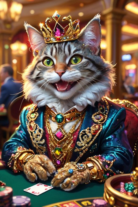 A hyper-realistic, high-quality scene featuring a cat dressed in opulent, luxurious attire, adorned with gold and silver jewelry, laughing heartily while playing poker in a lavish casino. The cat's fur is meticulously detailed, capturing every strand and texture, with its eyes sparkling with excitement. It wears an extravagant outfit complete with a golden crown, a richly embroidered robe, and an array of glistening necklaces and rings. The casino setting is vividly depicted with bright, colorful lights, a polished poker table, and a background filled with other well-dressed patrons and ornate decorations. The cat's expression is one of sheer joy, with its mouth open wide in a laugh, whiskers perked, and eyes gleaming. The overall atmosphere is lively and vibrant, emphasizing the cat's grandiose presence. gemstone, gem, colorful, shine, (joyful, opened mouth wide, smile, laugh:1.3),
<lora:WildcardX-XL-Detail-Enhancer:0.8>,
<lora:TQ_-_Everything_Is_Gemstone:1.0>,