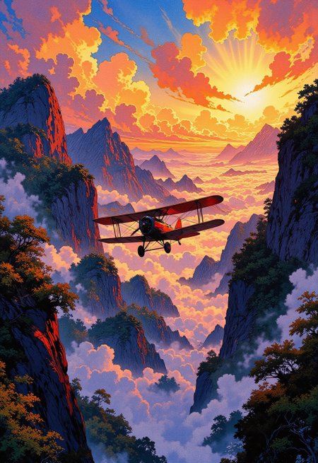 Highly detailed, intricate linework, concept painting with expressive contrasts, blending soft lighting with dramatic highlights. A vintage 1930s biplane soaring through vast, mist-covered mountainous jungle. The golden-orange hues of the setting sun cast a fiery glow over the sky, illuminating the billowing clouds and reflecting off the polished metal of the biplane’s wings. The plane flies between jagged peaks covered in dense tropical foliage rise from a sea of mist, their dark silhouettes contrasting with the brilliant sky. DB4RZ, DB4RZ style painting