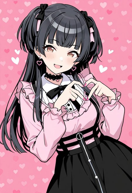 mayuzumi fuyuko,1girl,idolmaster,idolmaster shiny colors,jirai kei,solo,standing,looking at viewer,smile,blush,heart hands,black hair,long hair,hair ornament,bangs,two side up,hair bow,open mouth,brown eyes,choker,earrings,heart earrings,jewelry,dress,shirt,puffy sleeves,long sleeves,frills,skirt,black skirt,pink nail polish,heart \(symbol\),pink background,heart background,cowboy shot,masterpiece,best quality,amazing quality,incredibly absurdres,