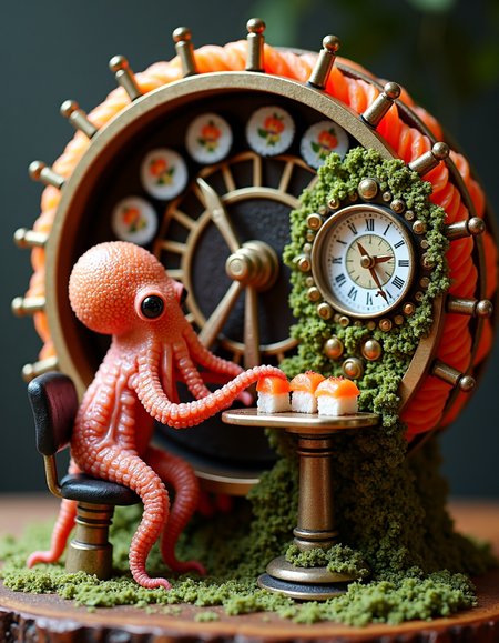 An elaborate steampunk-style time machine, but instead of gears and clockwork, it's made entirely out of meticulously arranged sushi rolls and sashimi. A confused-looking octopus is operating the wasabi-and-ginger control panel, while its tentacles stretch out to adjust different sushi-roll levers