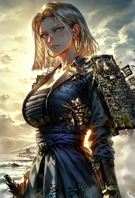 score_9, score_8_up, (cowboy shot:1.5), chest focus, best quality, masterpiece, high contrast, 8k, highly detailed, extremely detailed face, beautiful , Android No. 18, indifferent, blushing, excited, arrogant, side-parted blond hair, slender and perfect figure, (huge breasts: 1.2), thin waist, sexy long legs, beautiful blue eyes, big hoop earrings, wearing Japanese Warring States period armor, holding a Japanese Warring States Period matchlock gun ,  body shot from waist up, detailed background, surreal, HD, extremely detailed, high resolution, cinematic lighting, octane rendering, 8k resolution, Artstation quality, Horizontal viewing angle