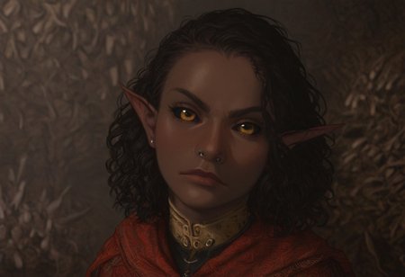 safe_pos, solo, short pointy ears, piercings, nord woman, random elf face, aquiline features, dark elf, weathered skin, large nose, animated realism, zoomed out, Syrian features, torso, subterranean, glowing mushrooms, mushroom forest, cave enviroment, large cavern, gloomy lighting, ancient ruins, interior, dark soil floor ,grey-blue skin, scarlet and gold clothes, medium armor, bone plate armor, ivory straps and fittings, grey wood neckguard, dark red sclera, black pupils, distant mushroom forest, blue-green light, neon, highly detailed, defined features, looking at viewer, three quarters view, from above, dynamic lighting, 36 years old, light and shadows, patterned cloth, determined expression, expressive eyes, detailed medieval clothes, medium_breasts, medium hair, wavy hair, thick hair, beaded hair, braided hair, under cut hair, semirealistic, alien elf, spanish features, jewish features, black hair, dark red hair, umber skin, sharp features, red persian print cloak, nighttime, high detail, absurdres, pretty eyes, detailed eyes, yellow eyes,