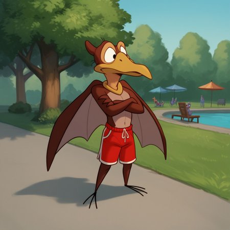score_9, score_8_up, score_7_up, score_6_up, source_furry, Petrielbtv2, anthro, male, Pteranodon, brown skin, black eyes, membranous wings, winged arms, standing ,at a park, arms crossed, red shorts,