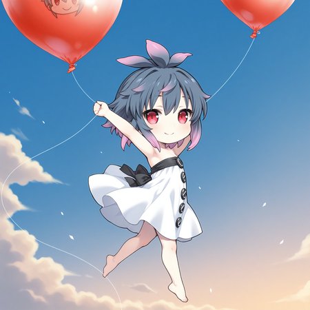 <lora:Pigu_Geliciam_1_nai-000070:1>,Pigu Geliciam,
chibi,strapless dress,white dress,barefoot,
1girl,solo,smile,floating,holding balloon,looking at viewer,wind,sky,from side,own hands together,arms up,