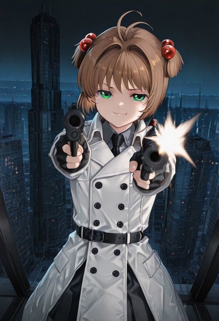 solo, 1girl, kinomoto sakura, 
brown_hair,
short hair,
antenna hair,
hair bobbles,
white trench coat,
black_gloves,
collared_shir,
gloves,
green_eyes,
fingerless_gloves,
black_necktie,
black necktie,
grey_shirt,
jacket,
white_jacket,
long_sleeves,
black buttons,
collared_shirt,
black belt, 
holding custom-made shotgun, aiming at viewer, 
masterpiece,
Energetic Pose, cinematic angle, on top of skyscraper, night, city lights can be seen, firing gun, smug face