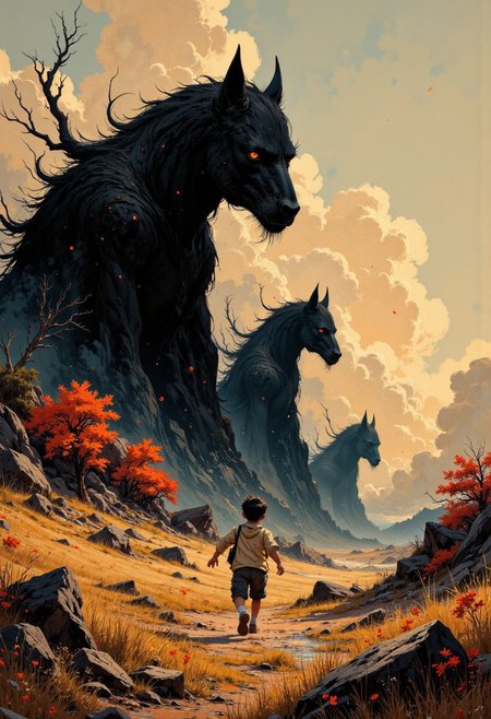 Create a beautifully detailed sketch capturing a fantastical world infused with nostalgia and shadowy intrigue. The style features clean, confident outlines with soft watercolor washes, balancing warmth and accessibility with intricate detail. The palette contrasts muted tones—warm ochres, soft reds, creamy whites—with stark, inky blacks, creating a dramatic interplay of light and shadow that evokes both innocence and mystery. The atmosphere blends vintage children’s book charm with an eerie undertone, as if balanced between reality and a shadowy dreamscape.
Characters should have naturalistic proportions and subtle expressiveness, their features gently exaggerated to reflect curiosity, resilience, or vulnerability. Dynamic shadow puppet figures may emerge in the background, their silhouettes adding to the narrative and reinforcing the duality of light and shadow. The focus will be on a specific subject—In a wide shot, Henry runs through an open field under a glowing twilight sky, chased by shadowy figures that stretch impossibly tall. The camera angle tilts, giving the scene a surreal, distorted perspective as the shadows flicker and bend, closing in around him like living walls—carefully integrated into the scene. The composition is grounded yet surreal, seamlessly merging whimsical simplicity with haunting, thought-provoking detail to invite wonder and introspection.