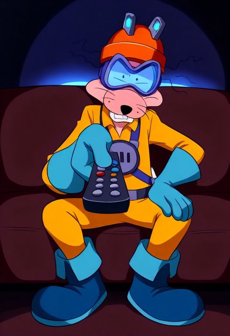 solo, Megavolt sits on the brown couch, grumpy, holding, carton box of lightbulbs on the right, sitting, holding remote control, looking at viewer, negative_hand, easynegative, ng_deepnegative_v1_75t,  anthro, orange helmet, safety goggles, buck teeth, yellow overall, plug on chest, blue gloves, blue boots, highest resolution, perfectly balanced, detailed shading, haze lighting, full body shot, fantasy ,score_9,score_8_up, score_7_up, absurdres, subsurface scathering, depth of field, masterpiece, best quality, newest, absurdres, highres, feeling, impact, dim lighting, sidelighting,amazing quality, scenery, very aesthetic, newest, volumetric lighting, blending,cute,negative_hand,newest, clean lines,rat, no humans,