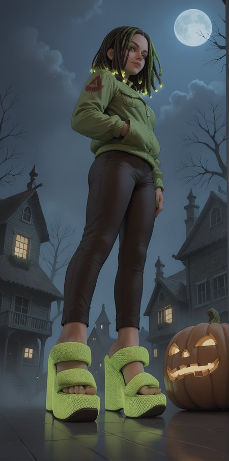 score_9, score_8_up, score_7_up, score_6_up, realistic,
wide angle, standing, low angle, foot focus, from side,
standing,
(glowing neon footwear:1.1),
(glowing neon hair:1.15),
1girl, leather pants, green short jacket, black and green hair, dreadlocks, 
ï»¿(ï»¿m3sh heels), platform footwear,
halloween scene, fog, haunted house, night,
green toenail polish,
embedding:zPDXLrl ,
embedding:zPDXL2 ,