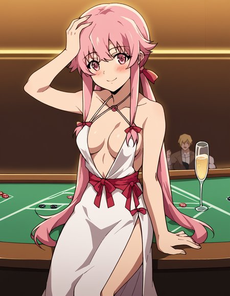 score_9, score_8_up, score_7_up, source_anime, <lora:yuno-gasai-s1-ponyxl-lora-nochekaiser:1>, yuno gasai, long hair, pink hair, pink eyes, sidelocks, ribbon, red ribbon, hair ribbon, twintails, medium breasts,, <lora:cocktail-dress-ponyxl-lora-nochekaiser:1>, cocktail dress, halter dress, plunging neckline, center opening, side slit, high-waist sideboob, casino, blush, smile, sitting, hand on own head, champagne, drinking glass,, cowboy shot,