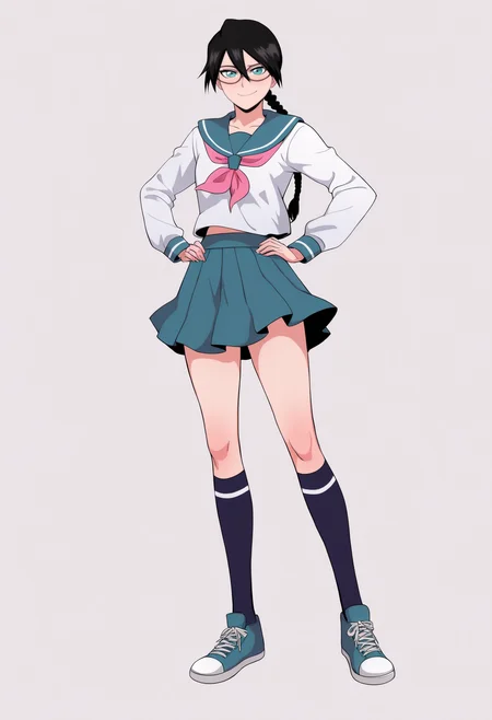 best quality, amazing quality, very aesthetic, absurdres,
1girl, yadoumaru lisa, black hair, braid, aqua eyes,
school uniform, glasses, serafuku, skirt, kneehighs, sneakers,
full body, hands on hips, standing,
smile, solo, looking at viewer, (simple background, white background:1.3),     <lora:LisaYadomaruNoobXL_byKonan:1>