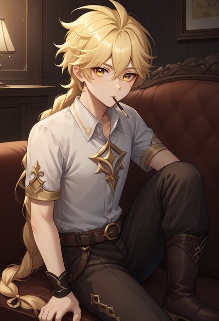 score_9, score_8_up, score_7_up, source_anime, highly detailed, 
traveler, 1boy, male focus, pocky, blonde hair, braid, long hair, yellow eyes, short sleeves, holding, food in mouth, single braid, bangs, shirt, mouth hold, hair between eyes, looking at viewer, upper body, curious, belt, pants, boots, brown footwear,
indoor, sitting, couch, medieval,