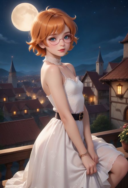 score_9, score_8_up, score_7_up, masterpiece, illustration, the best quality, ((solo)), 1girl, beautiful tender 18 years, lipstic, eyewear, small chest, small ass,
Sexy pose, seductive smile, 
1girl, freckles, glasses, lotte jansson, orange hair, pink-framed eyewear, semi-rimless eyewear, short hair, under-rim eyewear,  <lora:lotte_jansson:0.8>
Luxurious, beautiful, luxurious gothic dress,   white dress (lace, white frills, belt), luxurious jewels, white lace choker, bracelet
Night, stars, only one Moon, 
 on rooftop, on top of medieval town, night time,
dynamic angle, cowboy shot, dynamic pose, cute, realistic, wide shot, view legs