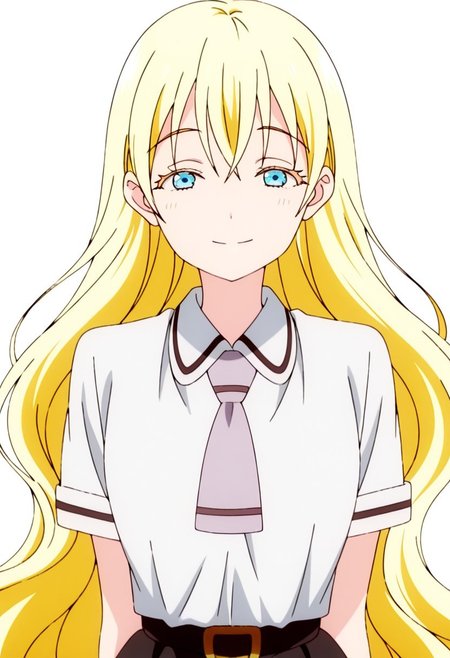 best quality, masterpiece, anime screencap, anime coloring, ultra detailed, source_anime, intricate details, perfect anatomy, looking at viewer,
olivia, long hair, blonde hair, very long hair, bangs, blue eyes, smile, shiny smile, 
simple background, upper body, shirt, short sleeves, white shirt, black skirt, school uniform, closed mouth, looking at viewer, necktie, belt, collared shirt,