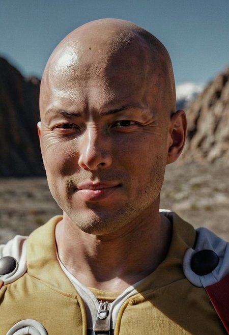 closeup, photorealistic, amazing quality, masterpiece, best quality, hyper detailed, ultra detailed, UHD, perfect anatomy, portrait, dof, hyper-realism, majestic, awesome, inspiring, CloseUp Portrait of a Real saitama (one-punch man), charming but tired Smile, skin Details, very detailed skin, old skin, Closeup, looking at Viewer with relaxed and bored look,speech bubble with text="OK",  standing in sunlight infront of mountain range with a large hole in it, cinematic composition, soft shadows, very detailed, hd, RAW photograph, masterpiece, top quality, best quality,