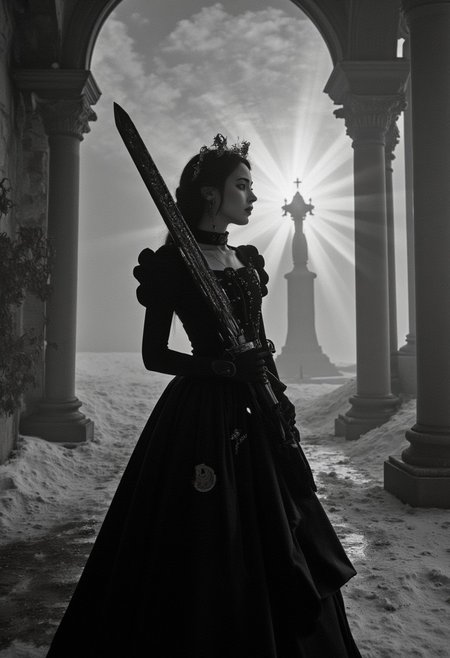 analog film photo (art by Zdzislaw Beksinski:2). baroque style. gothic. young woman KTNK. mechanical. giant cyberpunk sword. epic, glorification, backlit, god rays, . faded film, desaturated, 35mm photo, grainy, vignette, vintage, Kodachrome, Lomography, stained, highly detailed, found footage