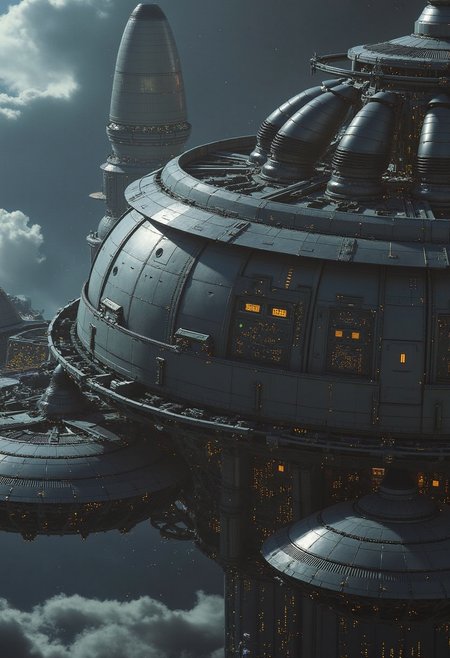 yfg-l3ms, YFG-L3ms mechanical arms delicately placing circuit boards into gigantic satellite shells, cosmic dust drifting in the background