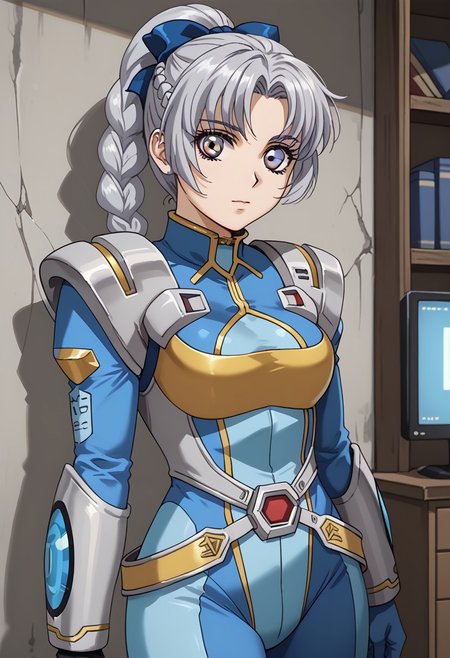 score_9, score_8_up, score_7_up, 1girl, solo, grey hair, grey eyes, braided ponytail, srwbluepilotsuit, blue bodysuit, pauldrons, wrist guards, metal belt, grey armor, helmet removed, no headwear, looking at viewer, cowboy shot, indoors, metal wall, metal walls, monitor,