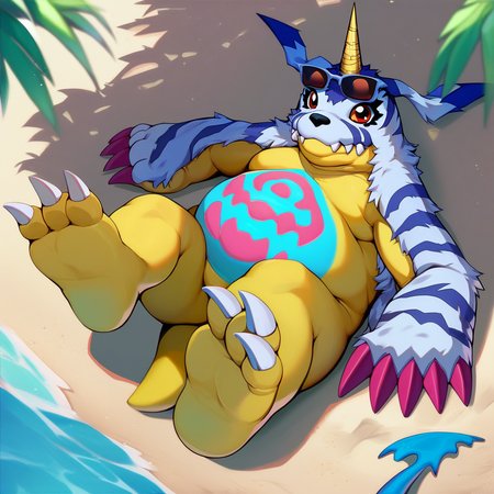score_9, score_8_up, score_7_up, score_6_up, score_5_up, score_4_up, gabumon, digimon, single horn, claws, red eyes, sharp teeth, creature, monster,  chubby, pudgy belly, blue and pink markings on belly, blue fur pelt, yellow body, three toes, outside, beach background, beach scenery, water, relaxing, laying down, looking at viewer, sunglasses, barefoot,