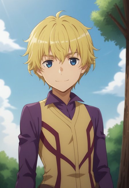 score_9, score_8_up, score_7_up, source_anime, highly detailed, 
deimne, solo, 1boy, male focus, blonde hair, blue eyes, gloves, smile, looking at viewer, brown gloves, pantyhose, purple panthyhose, shirt, purple shirt, tunic, upper body
outdoor, sky, tree, clouds