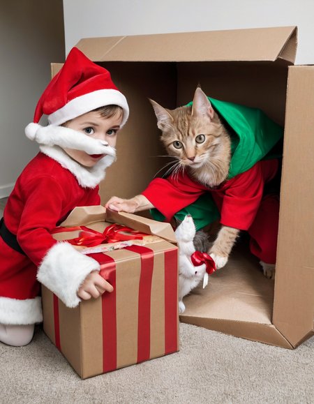 A mischievous baby elf, dressed in festive holiday attire, sneaks into a human house and attempts to wrap a cat as a Christmas present, only for the cat to stare unamused from inside a half-wrapped box.âââ