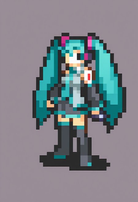 masterpiece, best quality, solo, 1girl,  <lora:FEGBA-Sprites-illus_Fp:1>, simple background, pixel art, full body, hatsune miku, holding microphone,