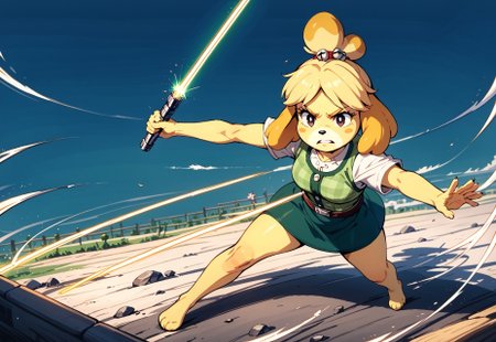 score_9, score_8_up, score_7_up, isabelle (animal crossing), short dress, zzLightSaber,  holding lightsaber, jump, attack from above, swipe effect, action shot
