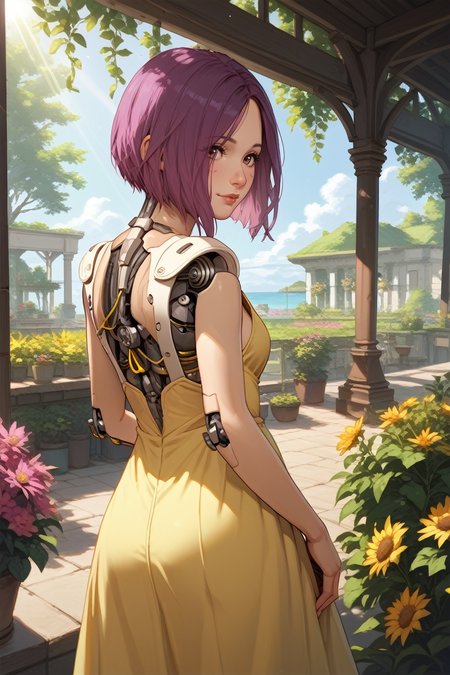 score_9, score_8_up, score_7_up,
<lora:CyberSongbird:0.8>
CyberSongbird, 1girl, cyborg, purple hair, short hair, brown eyes, looking at viewer, yellow sundress, garden, from behind, looking back, happy, sun, sun rays