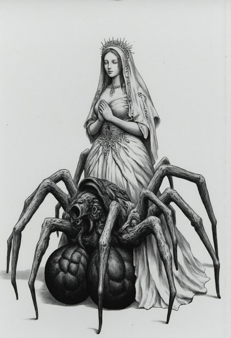 MikeFranchinastyle, berserk style, Surreal art, d4artstyle, d4concept, , made of clay, Kentaro Miura, ZBClay model of a gray sculpture, 4byss
a hauntingly beautiful creature that combines the elegance of a bride with the unsettling form of a spider. The upper half of the creature appears as a delicate, ghostly woman dressed in a flowing, vintage bridal gown, complete with intricate lace details and a fragile veil that drapes softly over her face. Her expression is serene and contemplative, eyes closed as if in prayer or deep reflection, with hands gently clasped in front of her chest. A faint floral crown adorns her head, adding to her ethereal, almost otherworldly charm. Below the waist, however, her body merges into the form of a giant, dark spider, with multiple segmented legs extending outward, each one thin, jointed, and covered in fine, bristly hair. The spider abdomen is large and grotesque, with bulbous textures and patches of fur, creating a stark contrast with her human-like upper half. The gown drapes partially over the spider body, blending both elements in a disturbing yet captivating fusion of innocence and horror.
Set against a minimalist background to emphasize its unnatural form and grotesque anatomy. Background solid color with a faded dimly lit, black-covered darkness tone that emphasizes its silhouette.
The medium is not a traditional painting or illustrative medium like watercolor or ink but rather a digital rendering, eerie and unsettling.